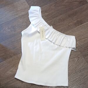 Francesca's White One-Shoulder Ruffle Top Size S